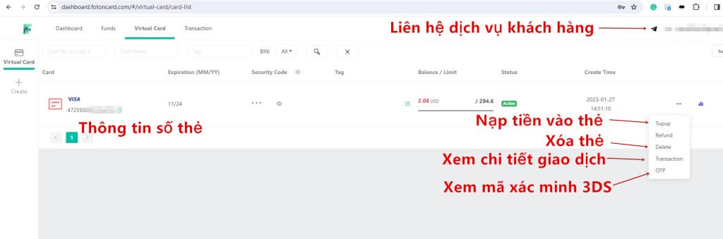 Sau khi tạo thẻ thành công, bạn có thể xem số thẻ, ngày hết hạn, CVV và tiến hành thanh toán.