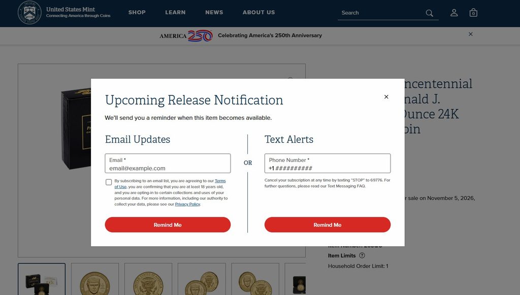 使用Email或者美国手机号码接收发售通知
