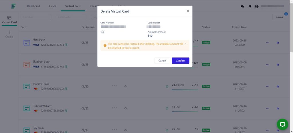 you can delete any virtual cards you've created at any time