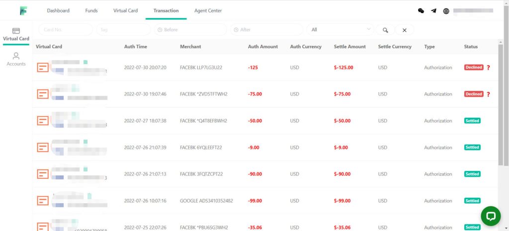 View the transaction details for the virtual card