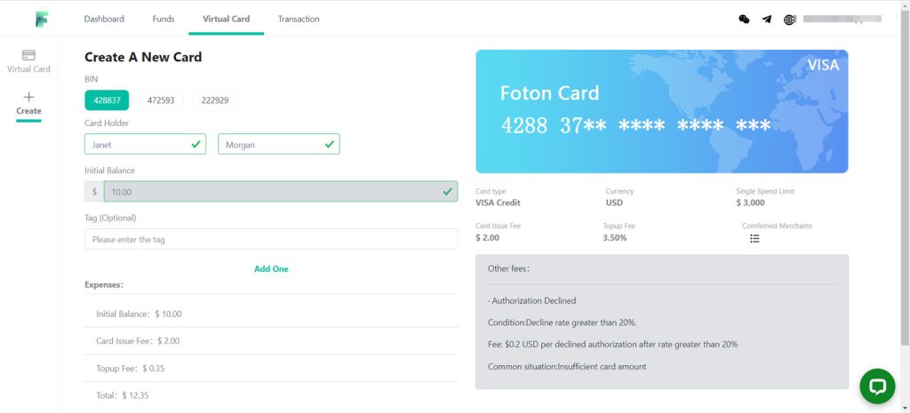 Start creating a virtual card