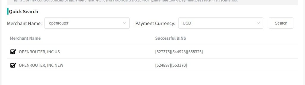 Here are some virtual card BINs that can be used for paid transactions on OpenRouter.
